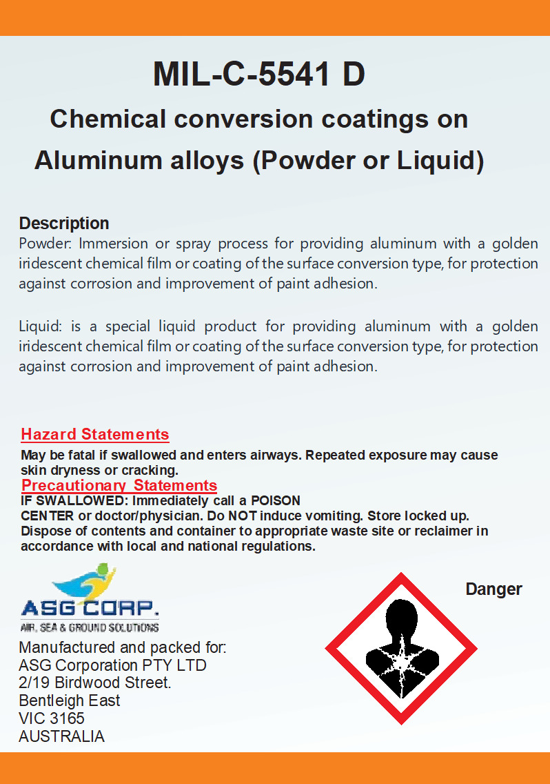 MIL-C-5541 D Chemical conversion coatings on Aluminium alloys (Powder