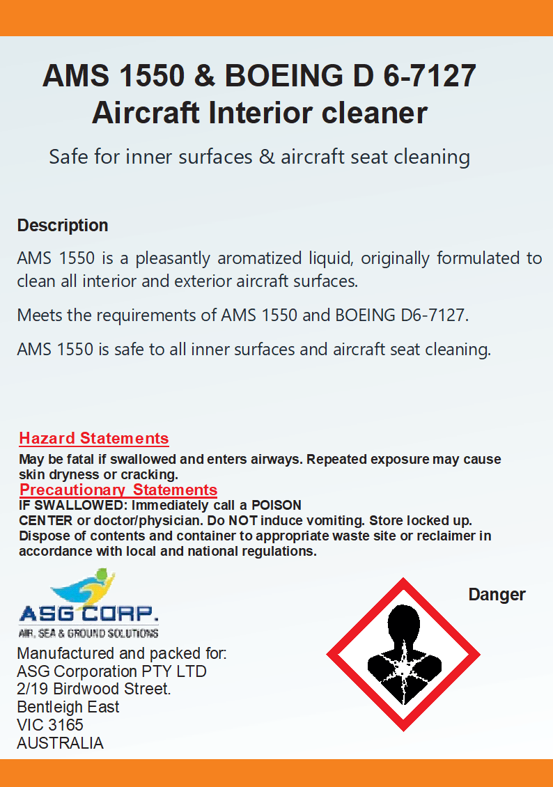 AMS 1550 and BOEING D6-7127 Aircraft Interior cleaner -Safe for inner surfaces & aircraft seat cleaning (1 Gallon)