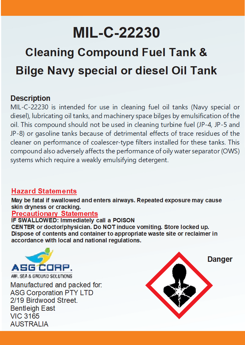 MIL-C-22230 Cleaning Compound Fuel Tank and Bilge Navy special or diesel Oil Tank (1 Gallon)
