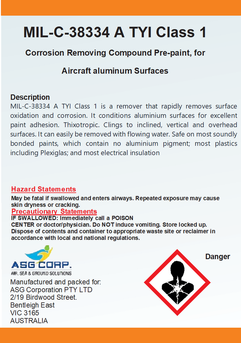 MIL-C-38334 A TYI Class 1 Corrosion Removing Compound Pre-paint, for Aircraft aluminum Surfaces 1 Gallon (MOQ 4)