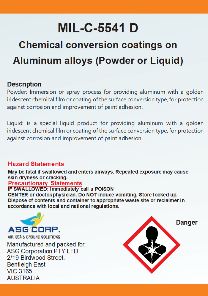 MIL-C-5541 D Chemical conversion coatings on Aluminium alloys (Powder or  Liquid) MOQ