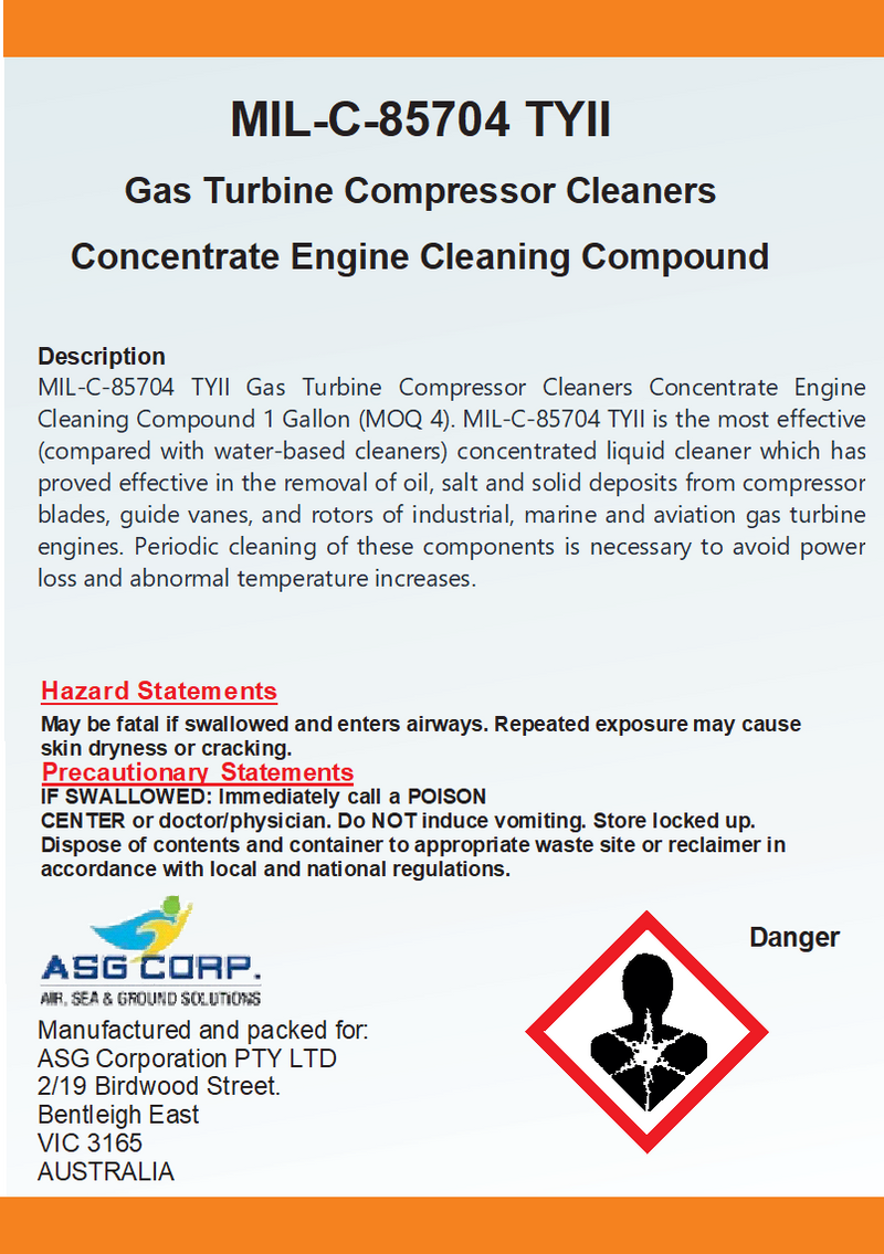 MIL-C-85704 TYII Gas Turbine Compressor Cleaners Concentrate Engine Cleaning Compound  1 Gallon (MOQ 4)