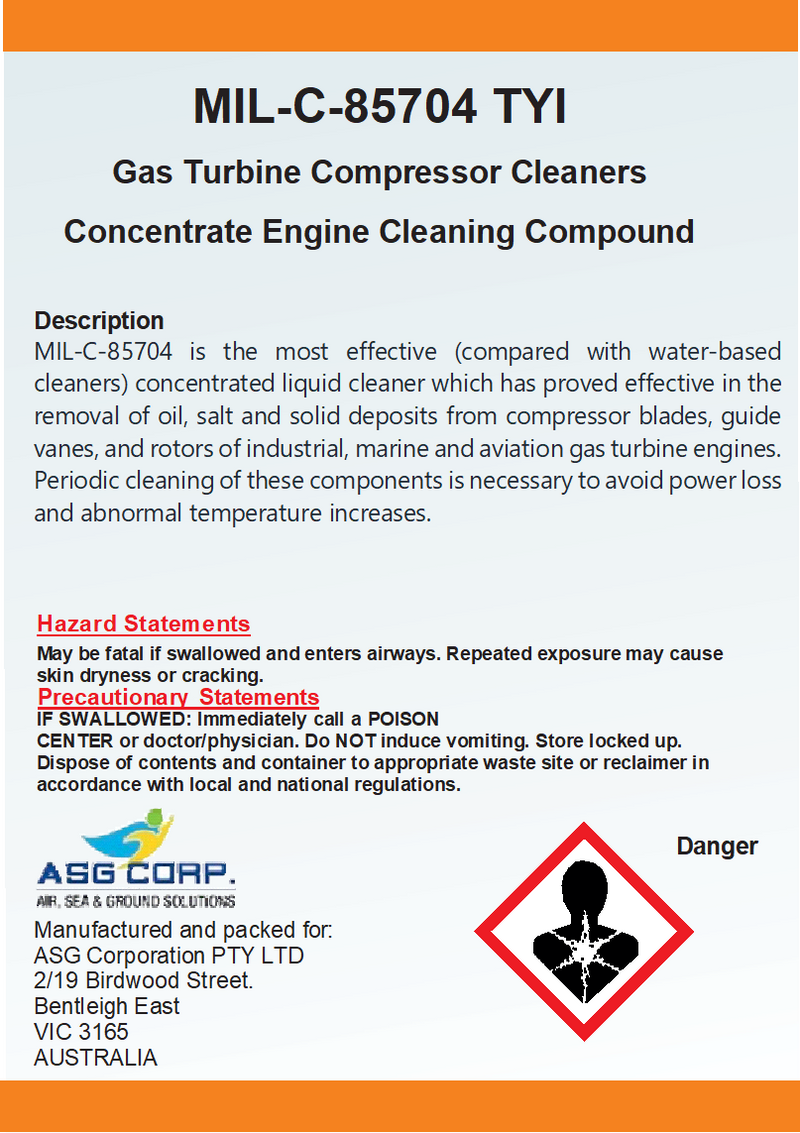 MIL-C-85704 TYI Gas Turbine Compressor Cleaners Concentrate Engine Cleaning Compound  1 Gallon (MOQ 4)