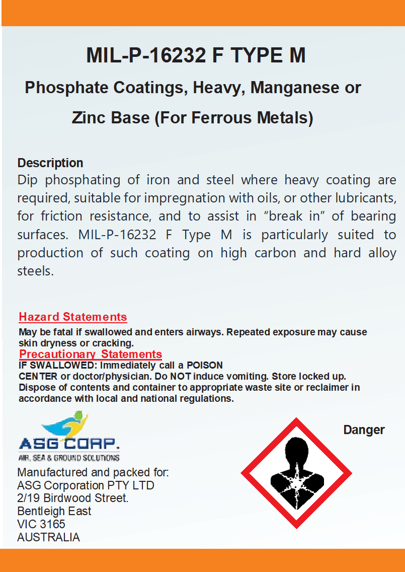 MIL-P-16232 F TYPE M Phosphate Coatings, Heavy, Manganese or Zinc Base (For Ferrous Metals)