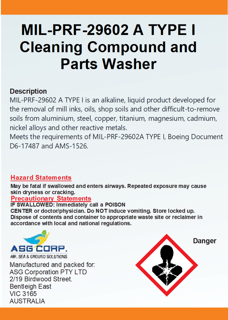 MIL-PRF-29602 A TYPE I Cleaning Compound and Parts Washer (10 Lt Pail) MOQ 4